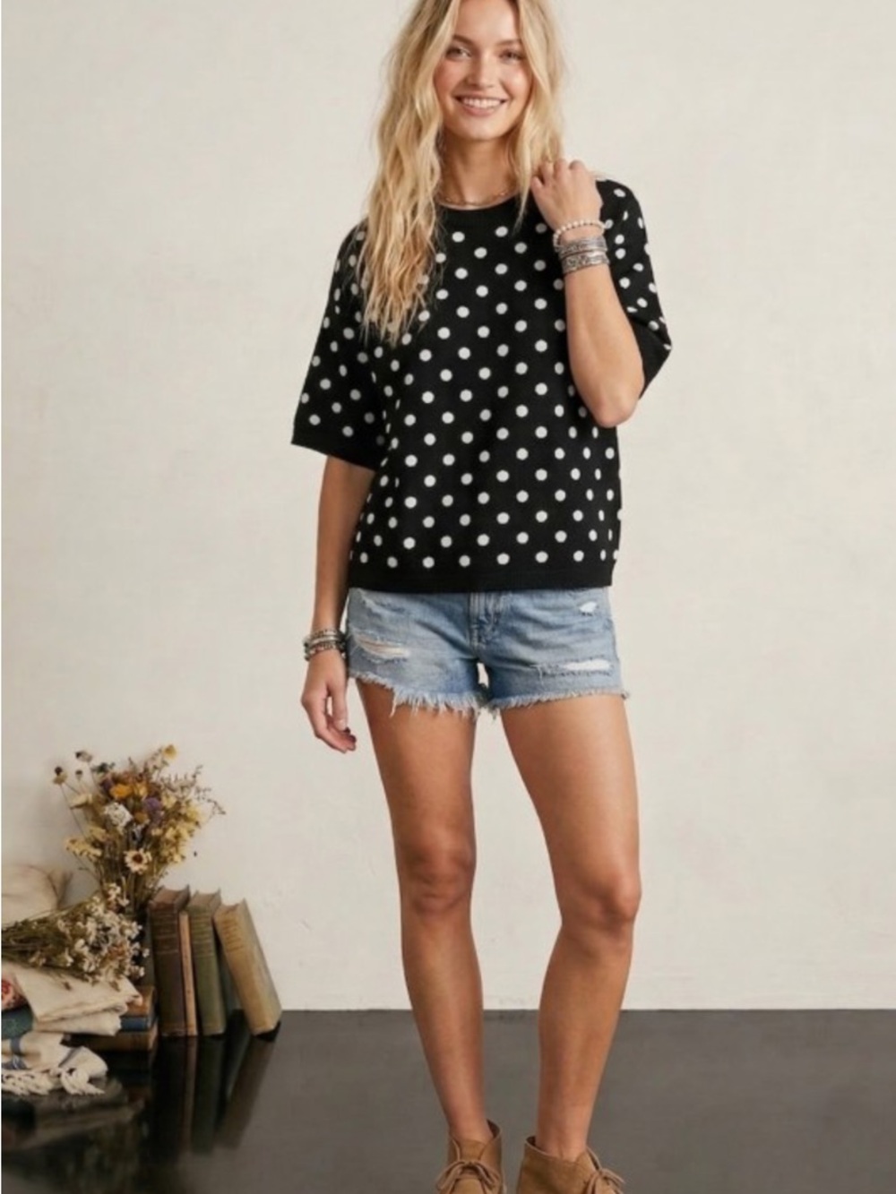 177. Polka dot oversized boxy short sleeve drop shoulder sweater black white
